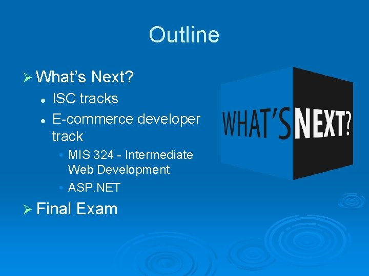 Outline Ø What’s Next? l l ISC tracks E-commerce developer track • MIS 324