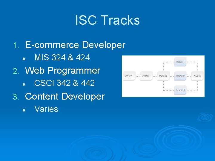 ISC Tracks 1. E-commerce Developer l 2. Web Programmer l 3. MIS 324 &