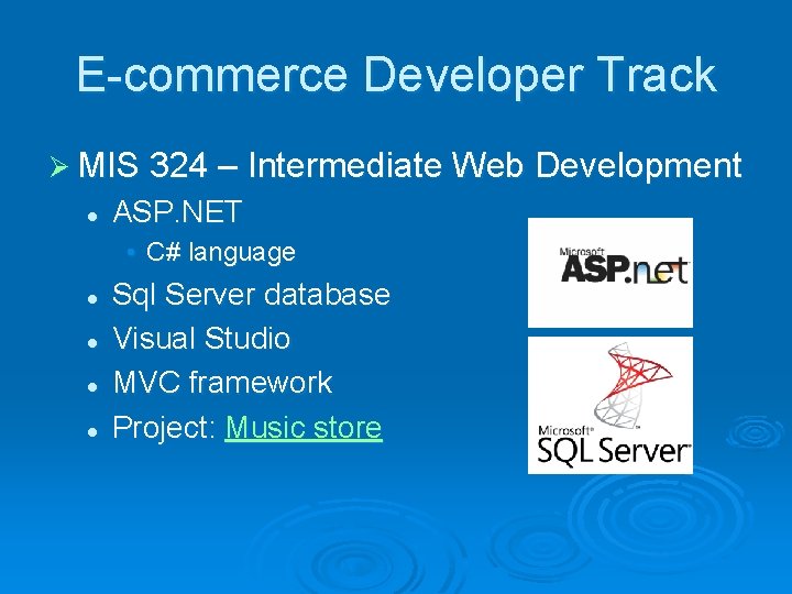 E-commerce Developer Track Ø MIS 324 – Intermediate Web Development l ASP. NET •