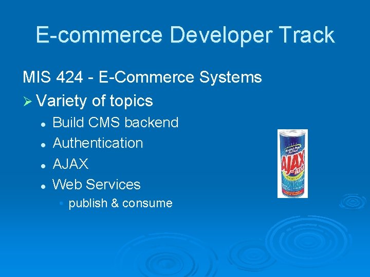 E-commerce Developer Track MIS 424 - E-Commerce Systems Ø Variety of topics l l