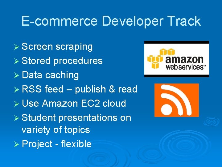 E-commerce Developer Track Ø Screen scraping Ø Stored procedures Ø Data caching Ø RSS