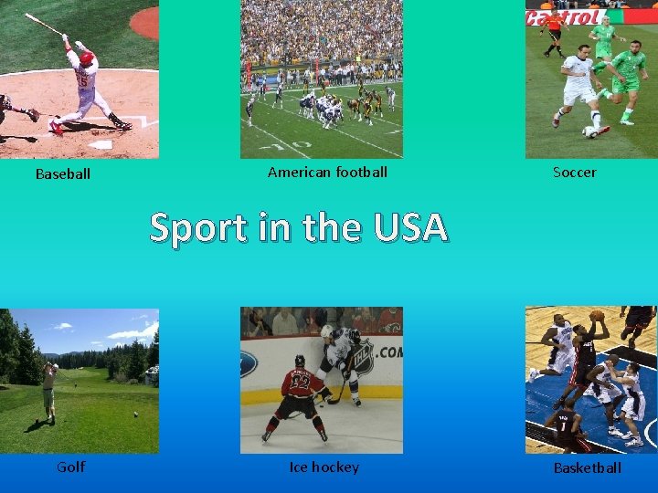 Baseball American football Soccer Sport in the USA Golf Ice hockey Basketball 