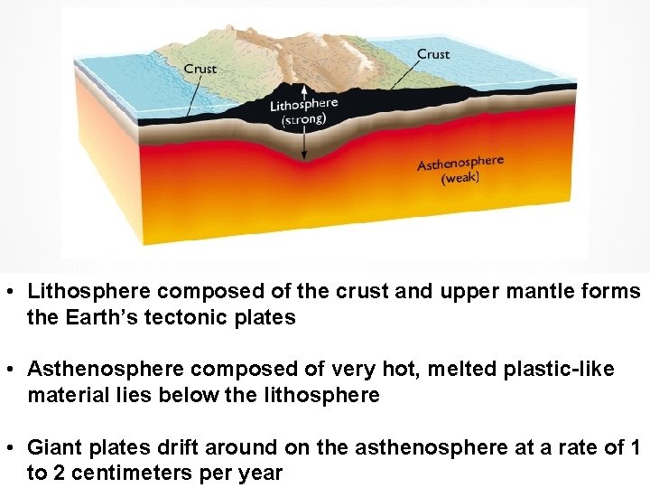  • Lithosphere composed of the crust and upper mantle forms the Earth’s tectonic