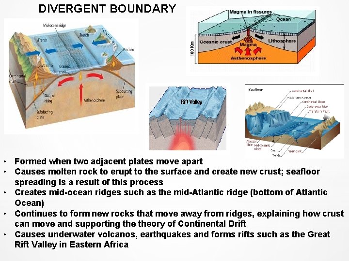 DIVERGENT BOUNDARY • Formed when two adjacent plates move apart • Causes molten rock DIVERGENT BOUNDARY • Formed when two adjacent plates move apart • Causes molten rock