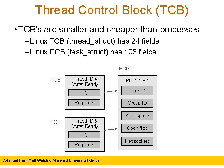 Thread Control Block (TCB) • TCB's are smaller and cheaper than processes – Linux