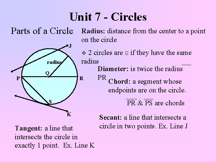 Unit 7 - Circles Parts of a Circle J Radius: distance from the center