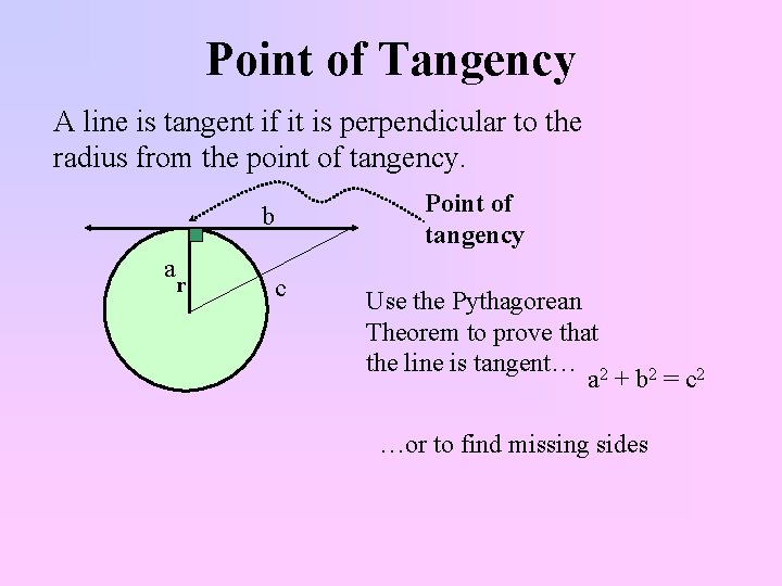 Point of Tangency A line is tangent if it is perpendicular to the radius