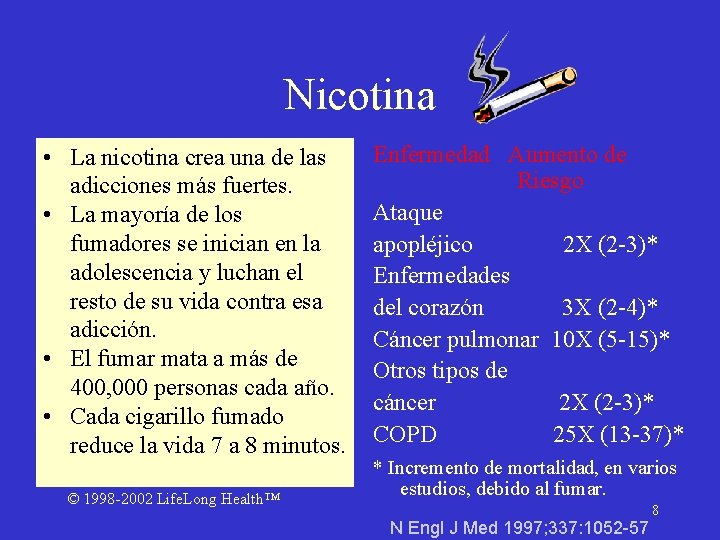 Nicotina • La nicotina crea una de las adicciones más fuertes. • La mayoría