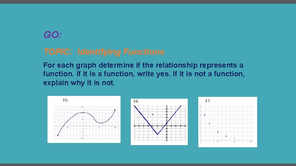 GO: TOPIC: Identifying Functions For each graph determine if the relationship represents a function.