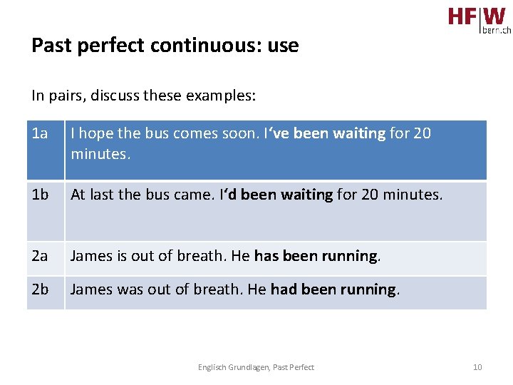 Past perfect continuous: use In pairs, discuss these examples: 1 a I hope the