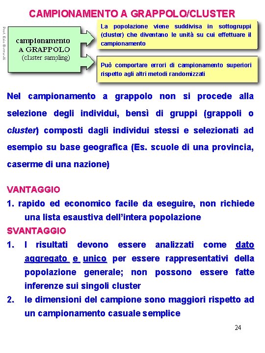 CAMPIONAMENTO A GRAPPOLO/CLUSTER La popolazione viene suddivisa in sottogruppi (cluster) che diventano le unità