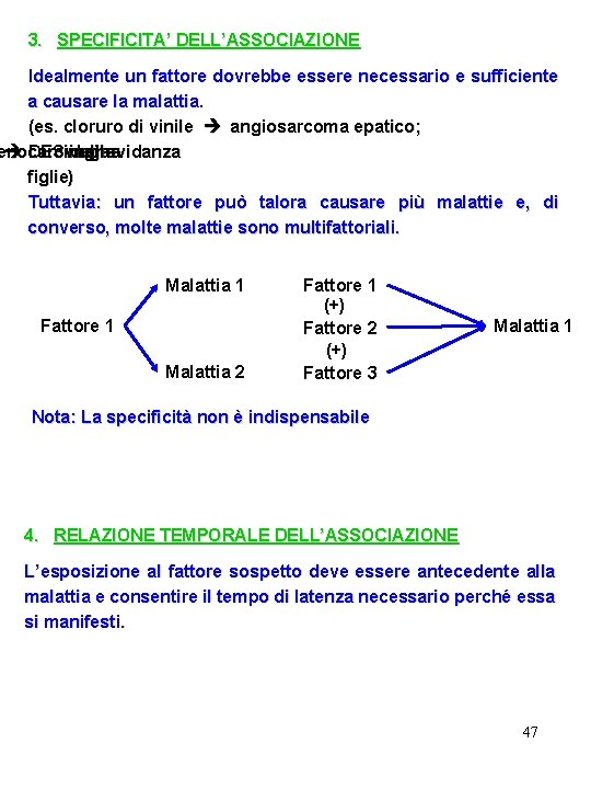 3. SPECIFICITA’ DELL’ASSOCIAZIONE Idealmente un fattore dovrebbe essere necessario e sufficiente a causare la