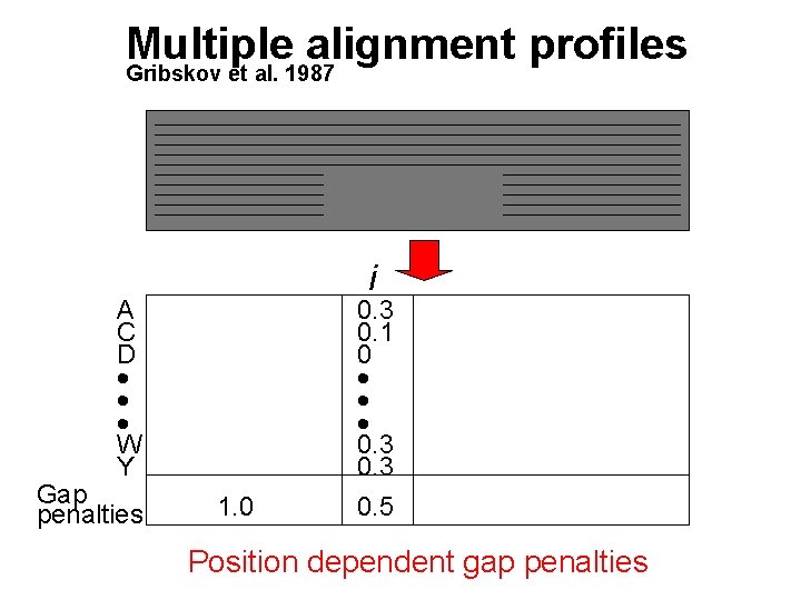 Multiple alignment profiles Gribskov et al. 1987 i A C D W Y Gap