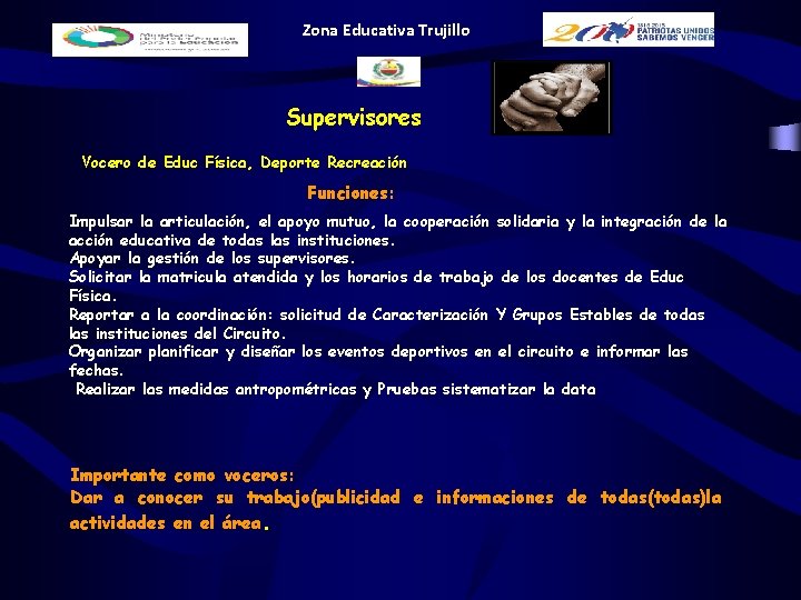 Zona Educativa Trujillo Supervisores Vocero de Educ Física, Deporte Recreación Funciones: Impulsar la articulación, Zona Educativa Trujillo Supervisores Vocero de Educ Física, Deporte Recreación Funciones: Impulsar la articulación,