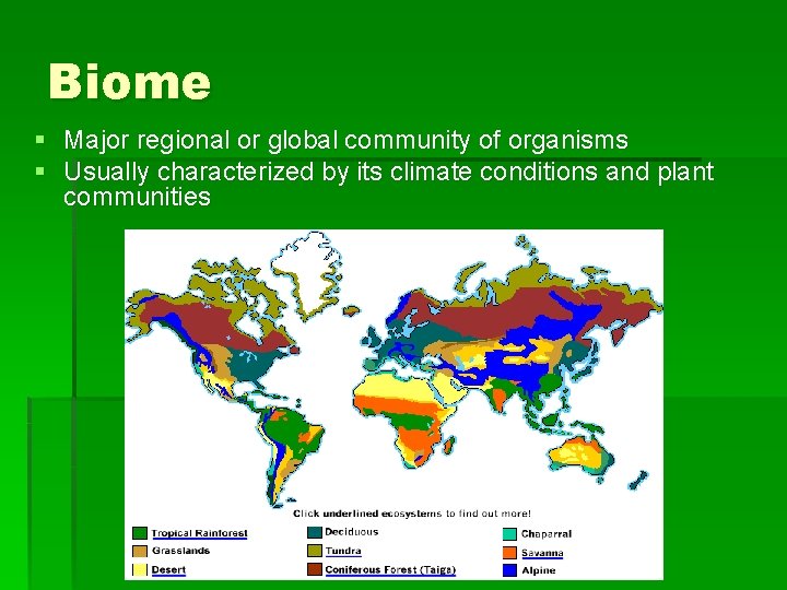 Biome § Major regional or global community of organisms § Usually characterized by its
