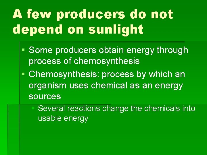 A few producers do not depend on sunlight § Some producers obtain energy through