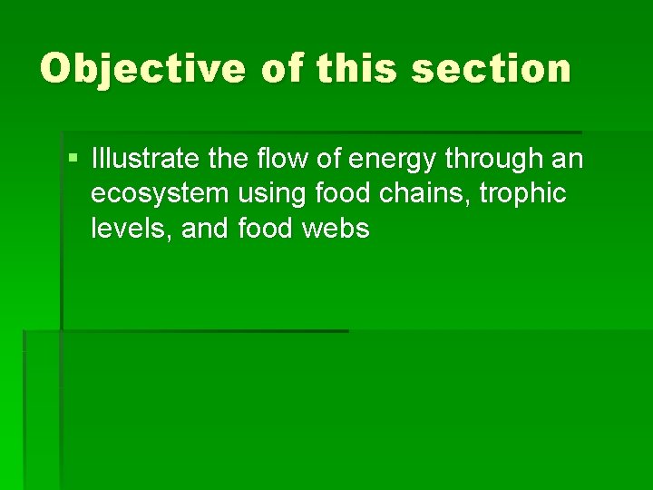 Objective of this section § Illustrate the flow of energy through an ecosystem using
