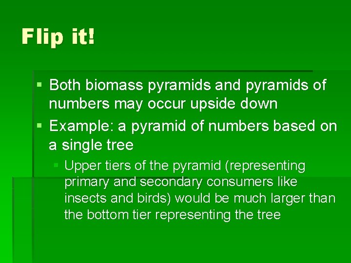 Flip it! § Both biomass pyramids and pyramids of numbers may occur upside down