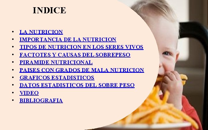 INDICE • • • LA NUTRICION IMPORTANCIA DE LA NUTRICION TIPOS DE NUTRICION EN