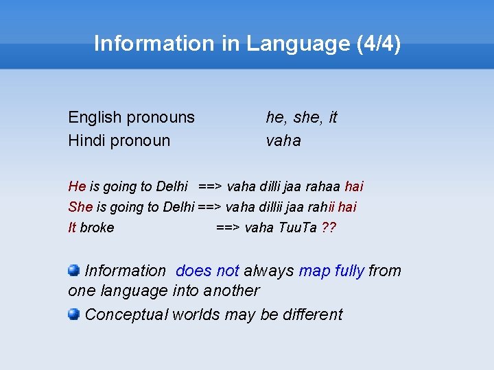 Information in Language (4/4) English pronouns Hindi pronoun he, she, it vaha He is