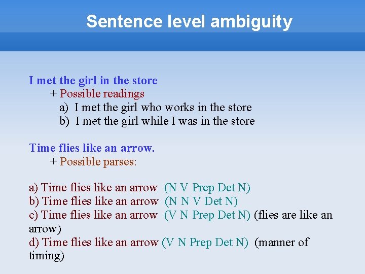Sentence level ambiguity I met the girl in the store + Possible readings a)