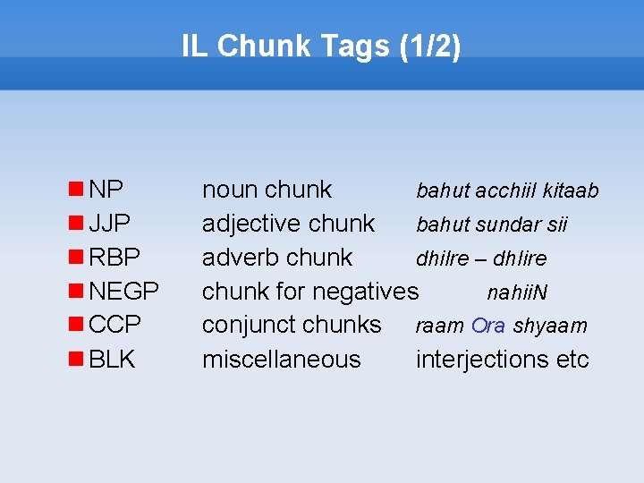 IL Chunk Tags (1/2) NP JJP RBP NEGP CCP BLK noun chunk bahut acchii.