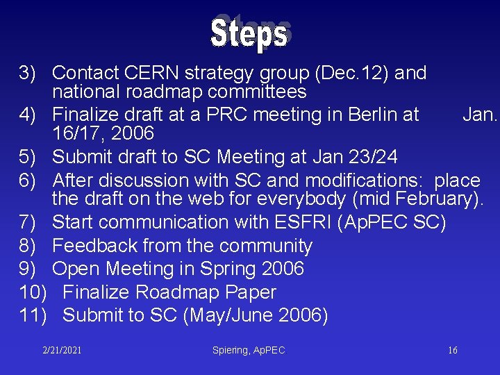 3) Contact CERN strategy group (Dec. 12) and national roadmap committees 4) Finalize draft 3) Contact CERN strategy group (Dec. 12) and national roadmap committees 4) Finalize draft