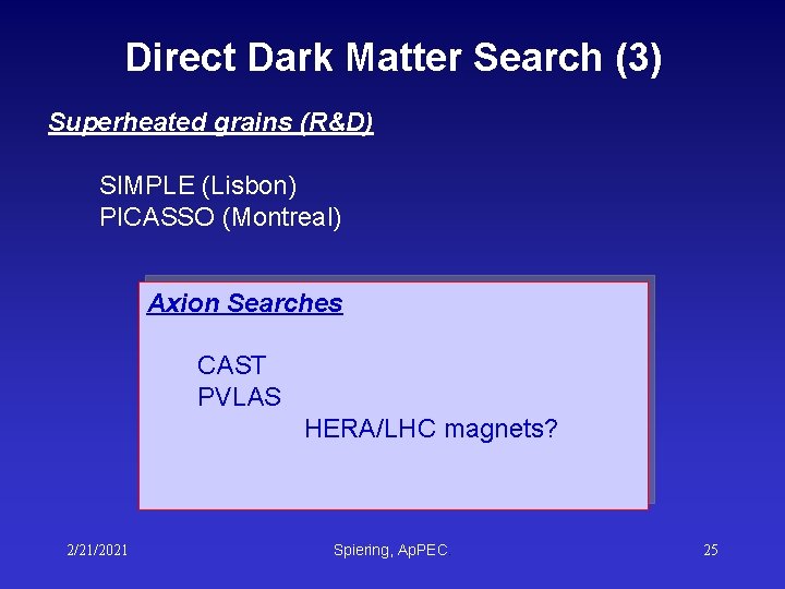 Direct Dark Matter Search (3) Superheated grains (R&D) SIMPLE (Lisbon) PICASSO (Montreal) Axion Searches Direct Dark Matter Search (3) Superheated grains (R&D) SIMPLE (Lisbon) PICASSO (Montreal) Axion Searches