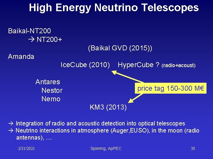 High Energy Neutrino Telescopes Baikal-NT 200 NT 200+ (Baikal GVD (2015)) Amanda Ice. Cube High Energy Neutrino Telescopes Baikal-NT 200 NT 200+ (Baikal GVD (2015)) Amanda Ice. Cube