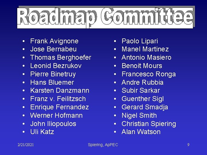 • • • Frank Avignone Jose Bernabeu Thomas Berghoefer Leonid Bezrukov Pierre Binetruy • • • Frank Avignone Jose Bernabeu Thomas Berghoefer Leonid Bezrukov Pierre Binetruy