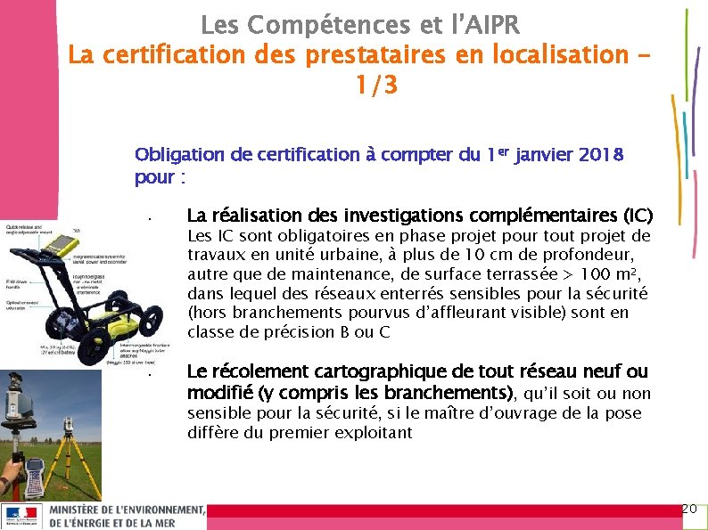 Les Compétences et l’AIPR La certification des prestataires en localisation 1/3 Obligation de certification