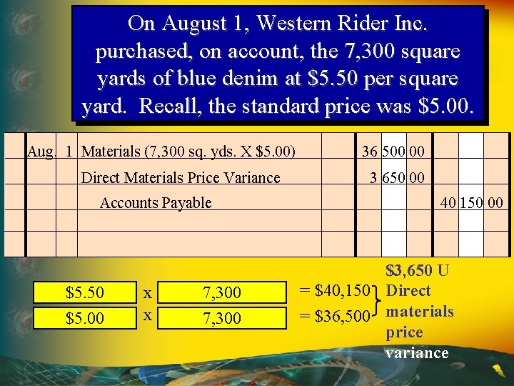 On August 1, Western Rider Inc. purchased, on account, the 7, 300 square yards