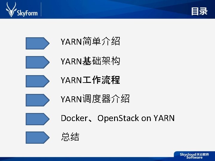 目录 YARN简单介绍 YARN基础架构 YARN 作流程 YARN调度器介绍 Docker、Open. Stack on YARN 总结 