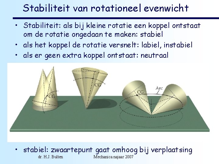 Stabiliteit van rotationeel evenwicht • Stabiliteit: als bij kleine rotatie een koppel ontstaat om