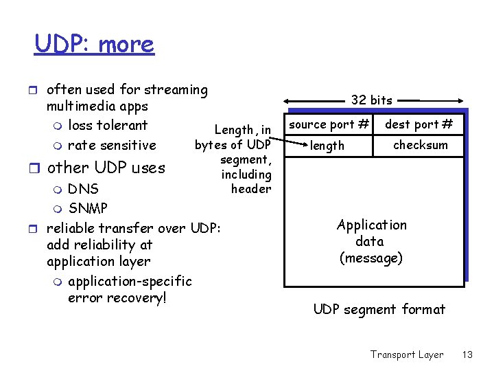 UDP: more r often used for streaming multimedia apps m loss tolerant m rate
