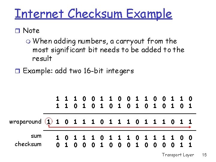 Internet Checksum Example r Note m When adding numbers, a carryout from the most