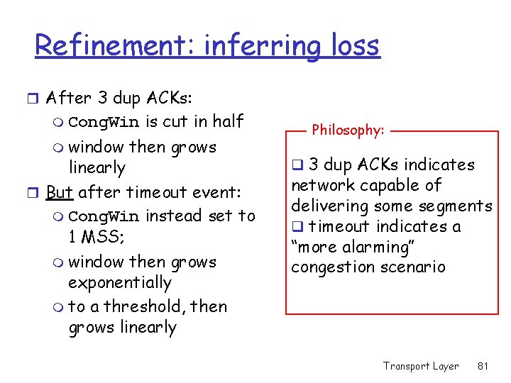 Refinement: inferring loss r After 3 dup ACKs: m Cong. Win m window is