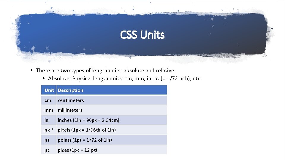 CSS Units • There are two types of length units: absolute and relative. •