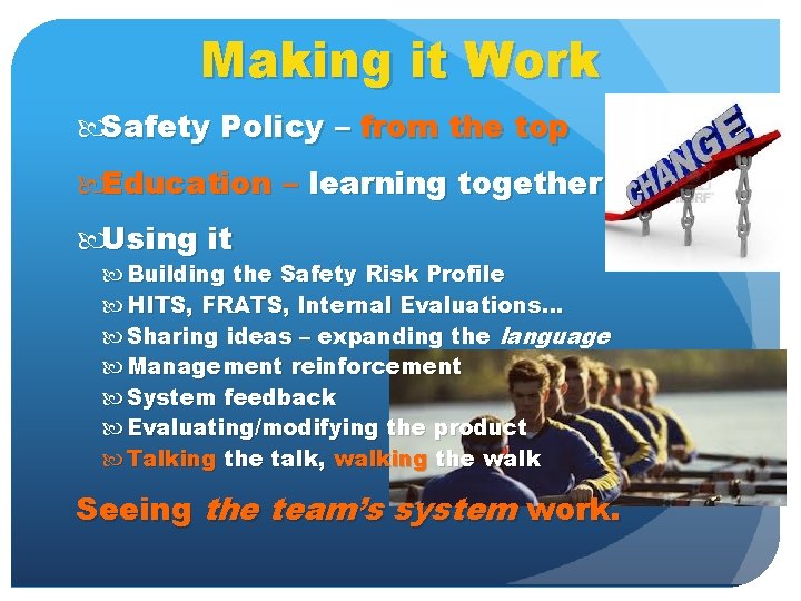 Making it Work Safety Policy – from the top Education – learning together Using