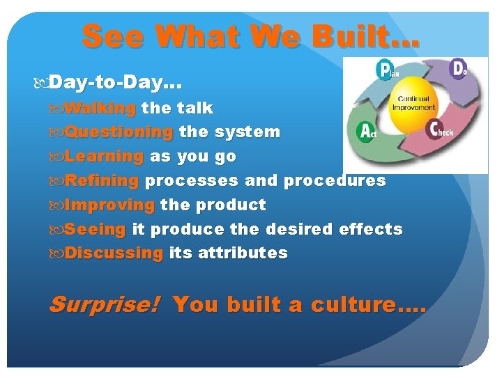 See What We Built… Day-to-Day… Walking the talk Questioning the system Learning as you