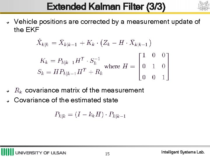 Extended Kalman Filter (3/3) Vehicle positions are corrected by a measurement update of the