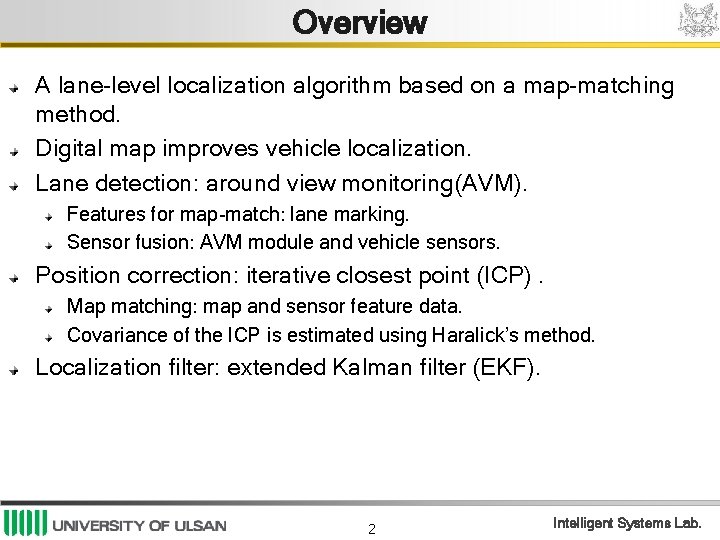 Overview A lane-level localization algorithm based on a map-matching method. Digital map improves vehicle
