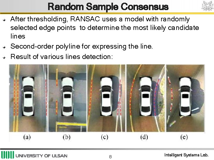 Random Sample Consensus After thresholding, RANSAC uses a model with randomly selected edge points