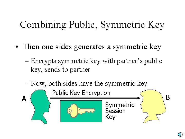 Combining Public, Symmetric Key • Then one sides generates a symmetric key – Encrypts