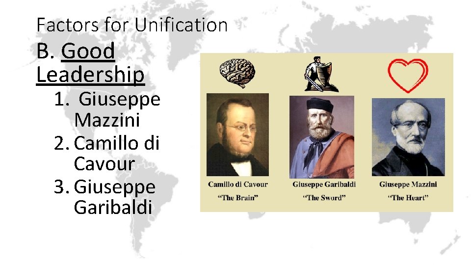 Factors for Unification B. Good Leadership 1. Giuseppe Mazzini 2. Camillo di Cavour 3.