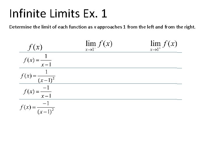 Infinite Limits Ex. 1 Determine the limit of each function as x approaches 1