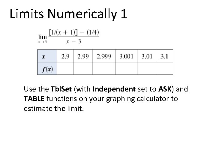 Limits Numerically 1 Use the Tbl. Set (with Independent set to ASK) and TABLE