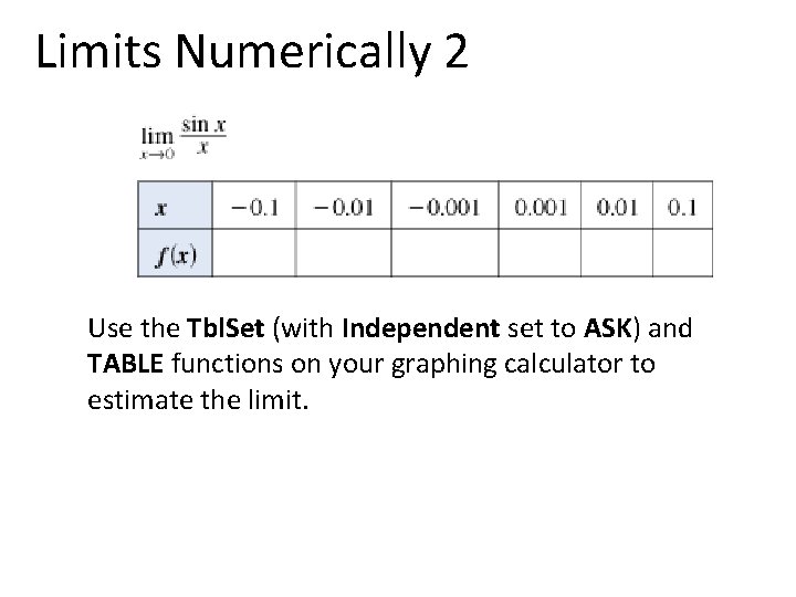 Limits Numerically 2 Use the Tbl. Set (with Independent set to ASK) and TABLE