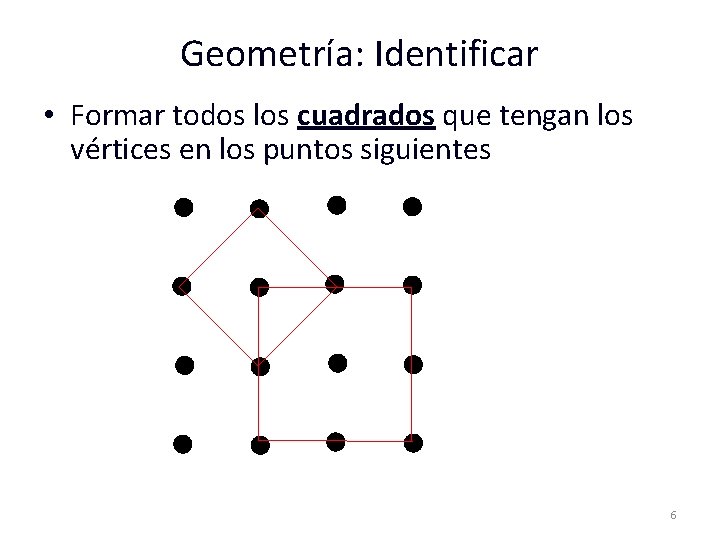 Geometría: Identificar • Formar todos los cuadrados que tengan los vértices en los puntos