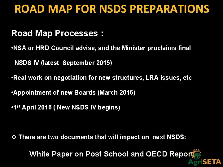 ROAD MAP FOR NSDS PREPARATIONS Road Map Processes : • NSA or HRD Council